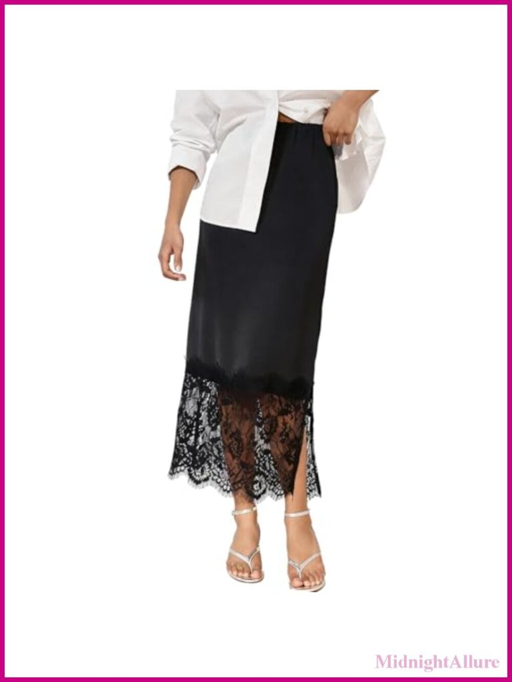 Satin Maxi Skirt Women Solid Lace Patchwork Long Skirt Elastic Waist Side Zip
